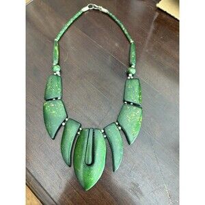 Vintage Green Color Flecks Flat Wooden Slab Statement Necklace 18” Ethnic Boho